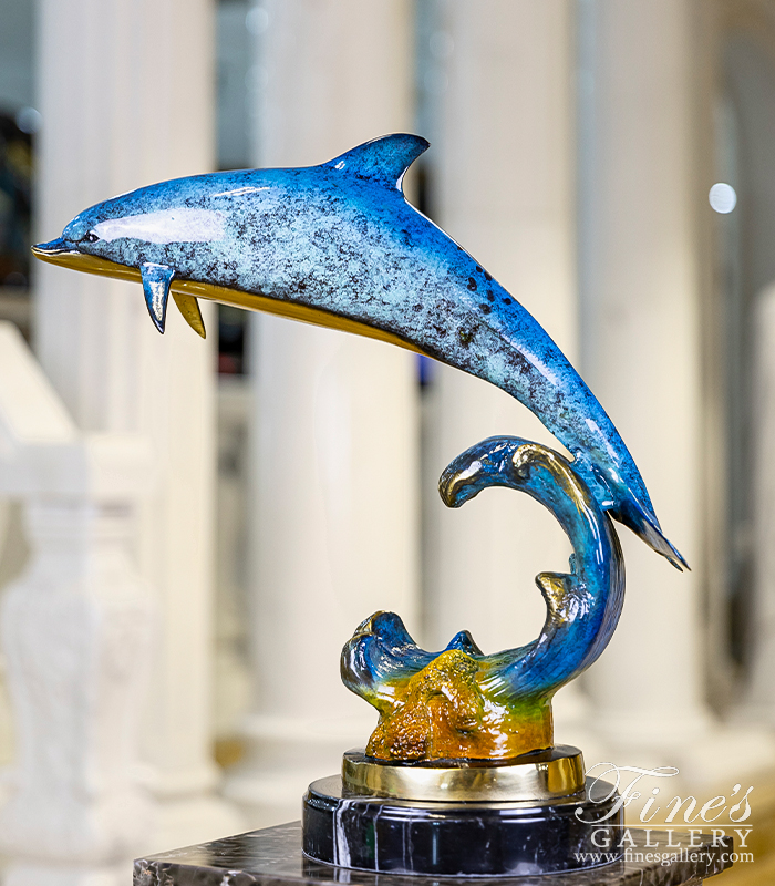 Bronze Statues  - Dolphin Riding Wave In Brilliant Blue Bronze - BS-1722